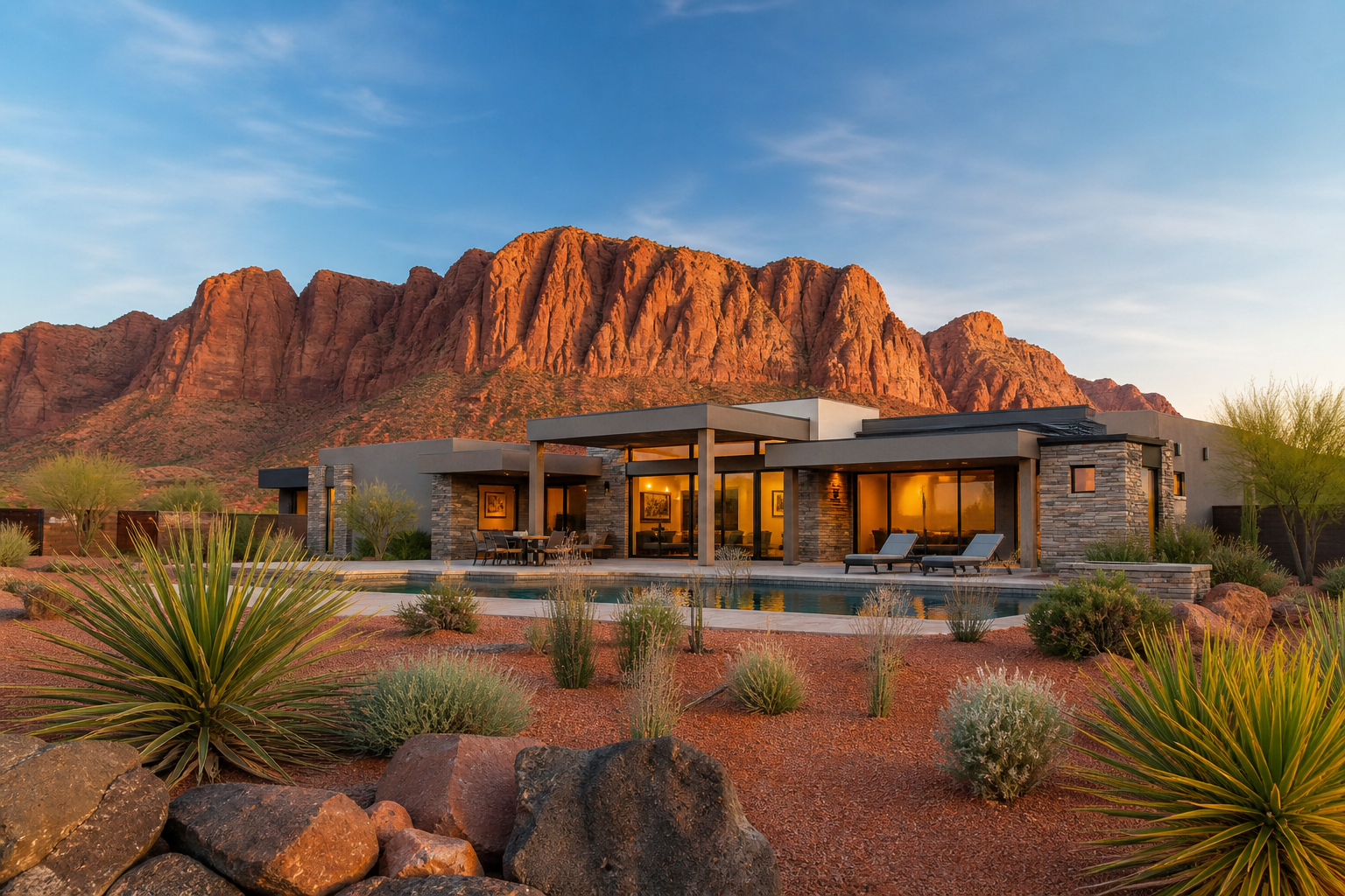 Luxury desert modern home with red rock mesas at golden hour in St. George, Southern Utah